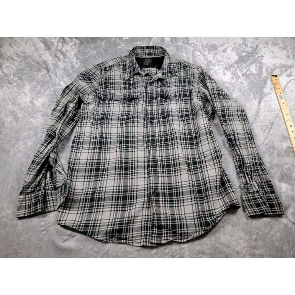 Wrangler‎ ATG Shirt Large Black Gray Cotton Plaid Button Down Vented Long Sleeve